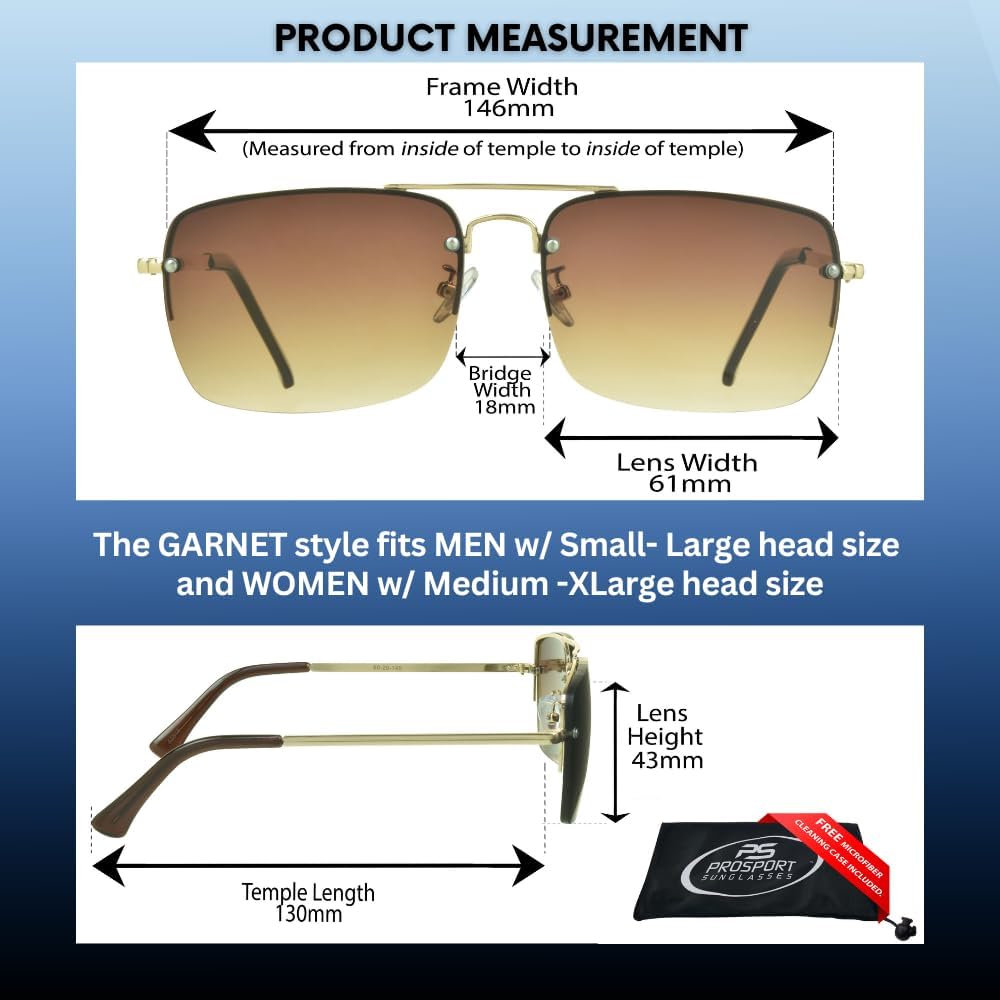proSPORT Sunglasses Readers Full Lens Square Aviator Rimless Metal Silver Gold Gradient Grey Brown Tint Men Women NOT BIFOCAL