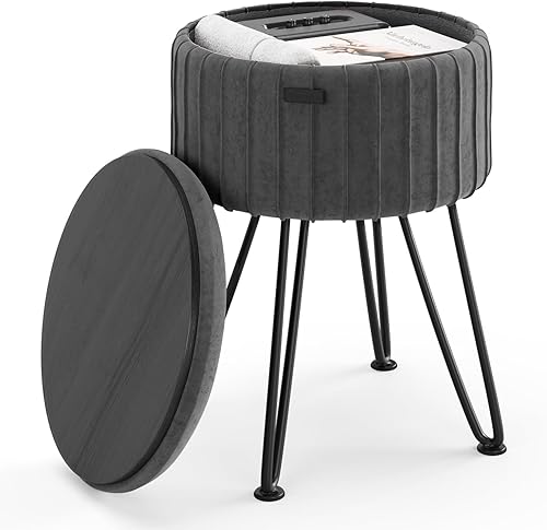 Miniatura 25 de STORAGEBUD Otomana redonda con almacenamiento, otomana de almacenamiento de terciopelo plisado, taburete de pie, taburete de maquillaje, otomanas