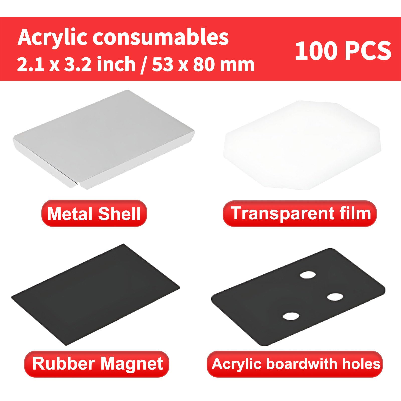 Forniture per realizzare calamite foto – 100 set quadrati: coperchio metallo, pellicola trasparente, acrilico/cartone, calamite in gomma A:Acrylic-53x80mm(2.1x3.2inch)