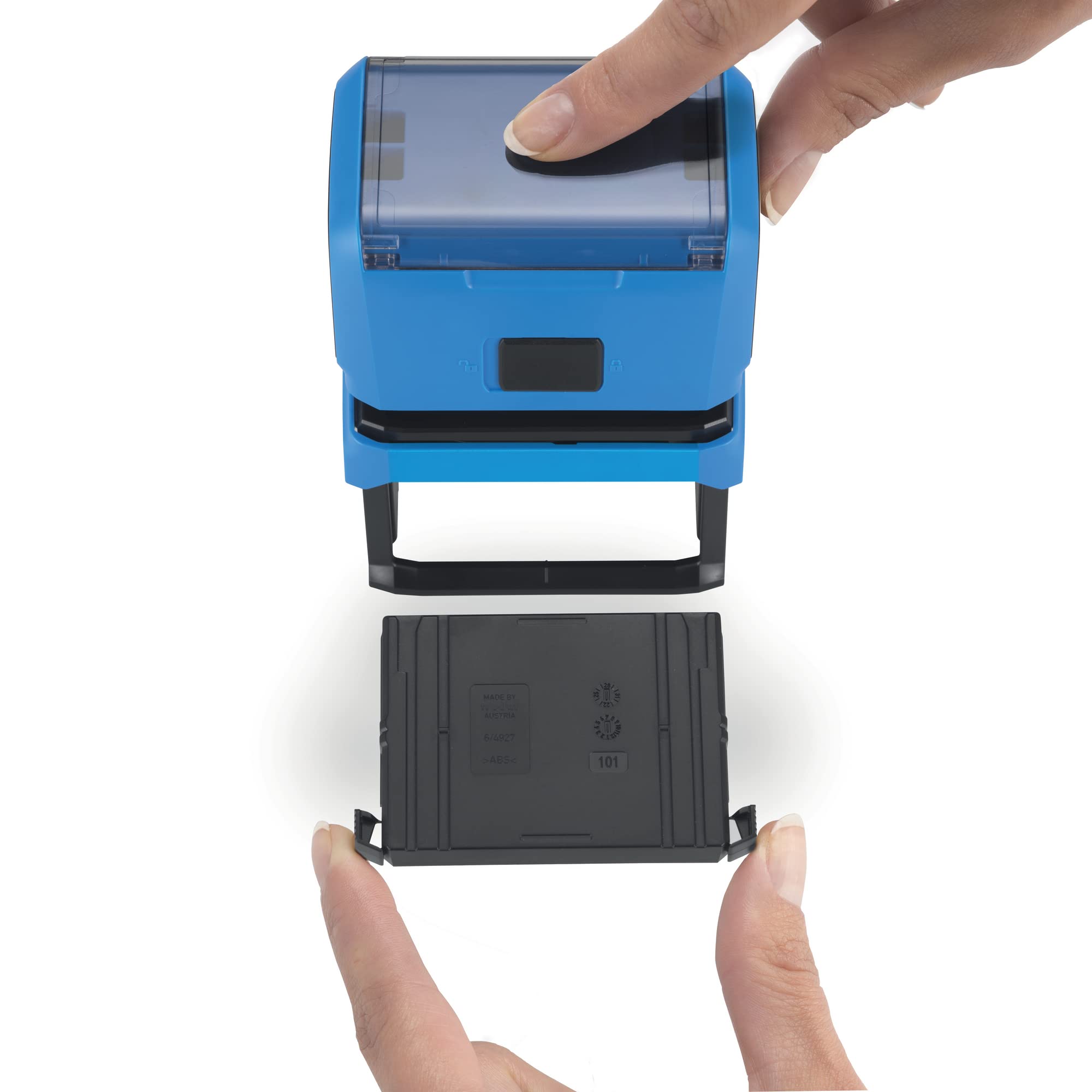 Timbro d'inchiostro personalizzabile Trodat Printy 4927 Typomatic 4.0 Blu – 8 righe di testo da comporre – inchiostro automatico – inchiostro nero fornito – piastra composizione e pinza in dotazione