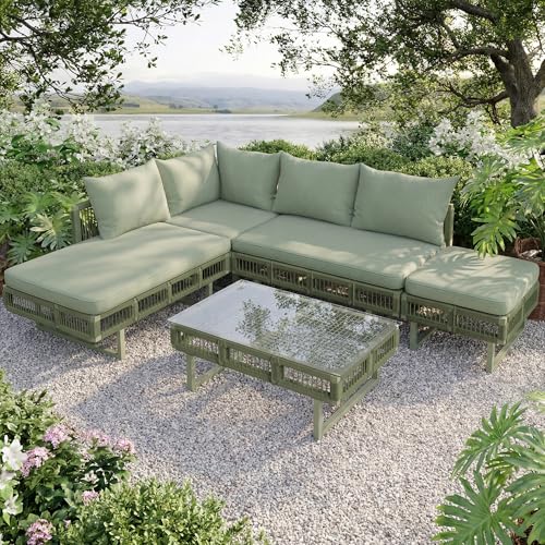 Sapgaks Salon de Jardin pour 6-8 Personnes,Ensemble de canapés de Jardin extérieur avec Pieds réglables,Canapé d'extérieur modulable avec Table Basse en Verre et Coussins de siège,Vert