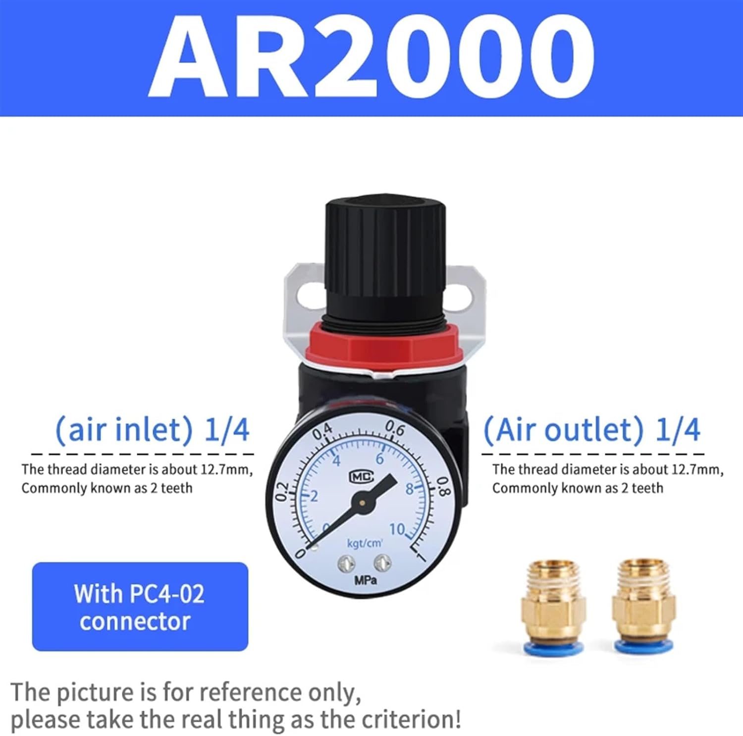 AR2000 BR2000 BR3000 BR4000 1/4" 3/8" 1/2" BSPT Air Treatment Units Valve Gas Pneumatic Regulator(Color:AR2000 PC4)