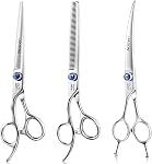 JASON Left Handed 7" Dog Grooming Scissors Set, 3 in 1 Ergonomic Blending, Curved, Straight Cat Pet Hair Trimming Thinning Professional Kits with Offset Handle and a Jeweled Screw