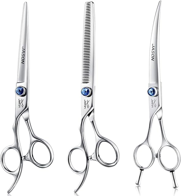 JASON Left Handed 7" Dog Grooming Scissors Set, 3 in 1 Ergonomic Blending, Curved, Straight Cat Pet Hair Trimming Thinning Professional Kits with Offset Handle and a Jeweled Screw