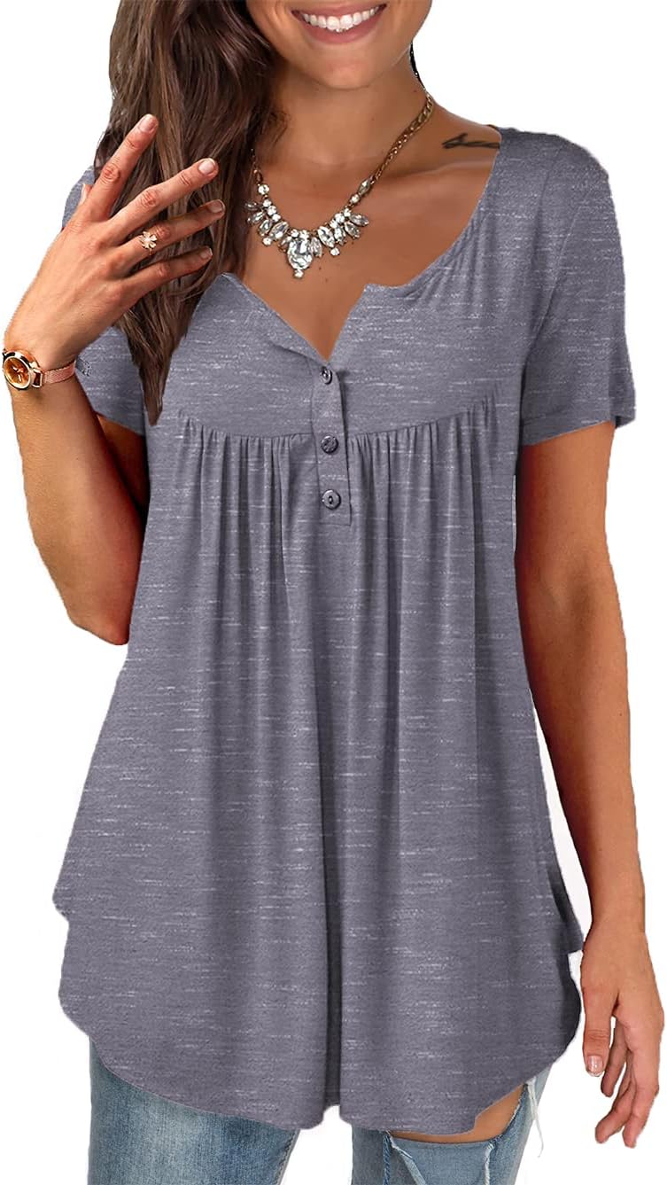 a.Jesdani Womens Summer Plus Size Tunic Tops Short Sleeve Blouses Casual Floral Henley Shirts