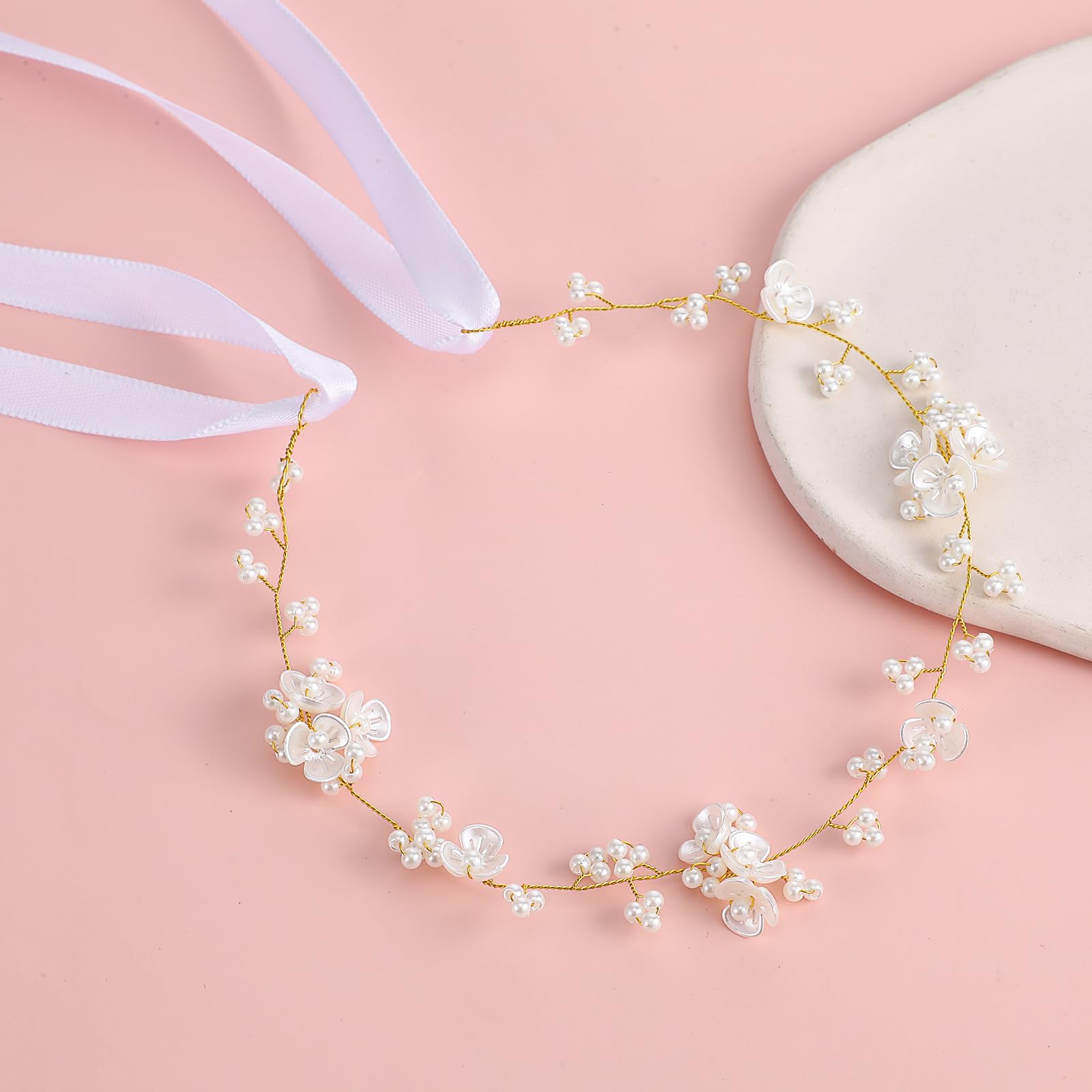 1 Pcs Flower Girl Hair Accessory, Handmade Wedding Headband, Pearl Headpiece, Princess Headpiece White Flower Headband for Girls and Women, Wedding, Birthday, Party, and First Communion(Gold)