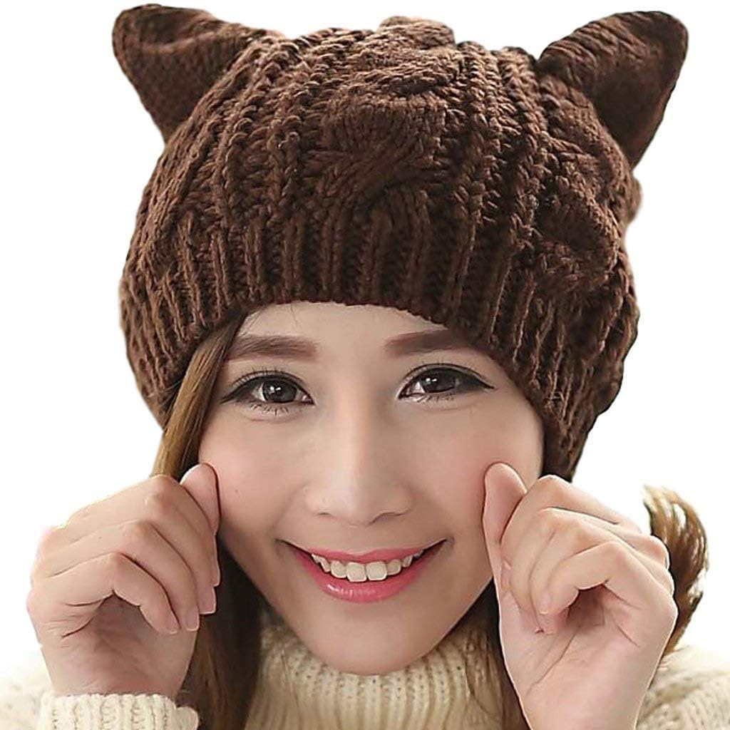 umbresen Cute Woollike Knitted CAT Kitty Ears Women Lady Girl Headgear Crochet Christmas Hats