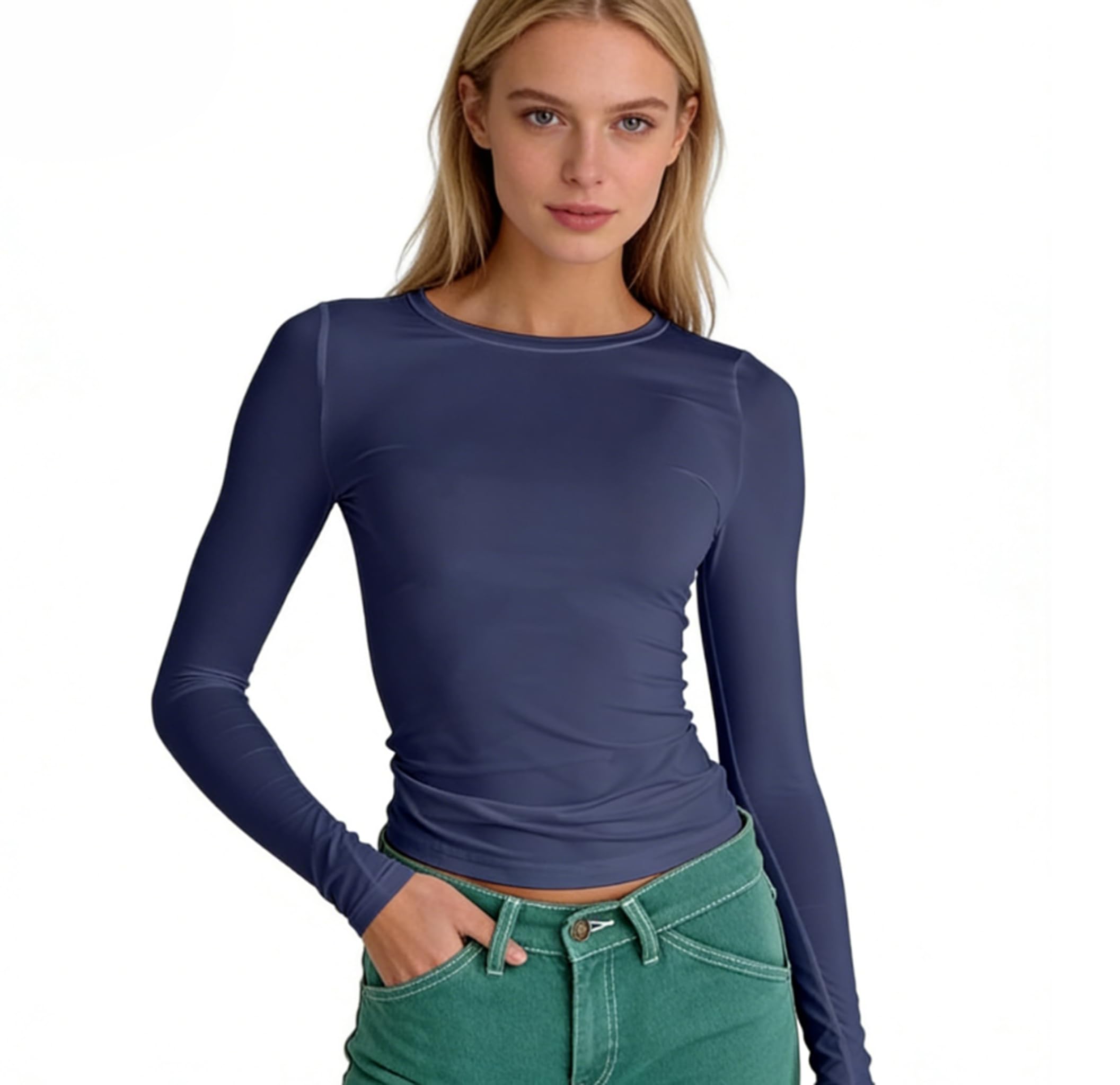 OYIGELZ Langarmshirt Damen Klassischer Basic T-Shirt Crop Tops Y2K Slim Fit Oberteile Sweatshirt Casual Rundhals Tee Shirt