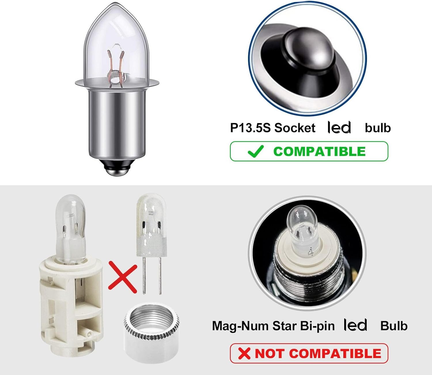2 Pack P13.5S LED Replacement Bulbs DC 3W 4-12V LED Upgrade Bulb for Maglight Flashlight on 3 4 5 6 Cell Lantern Torch