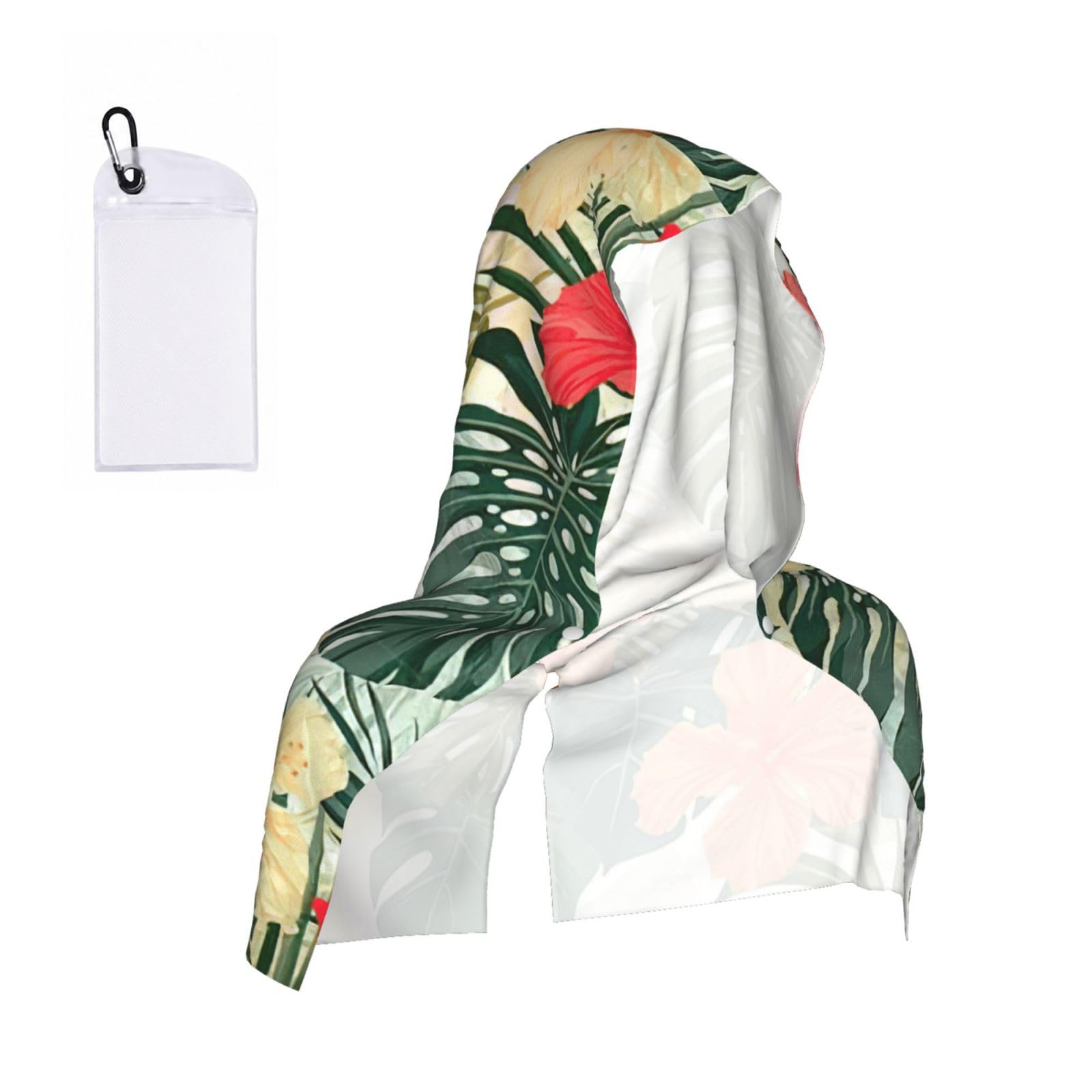 DUWAA Vegetation Leaves With Hibiscus Flowers Print Cooling Hooded Sports Towel, 30×60cm Quick Drying Summer Cool Head Wrap For Neck And Face