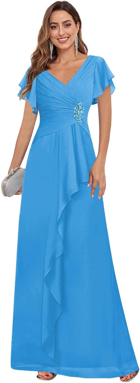 GUKARLEED Women’s Ruffled Mother of The Bride Dresses with Sleeves Beading Floral Long Ruched Formal Dress for Wedding Guest