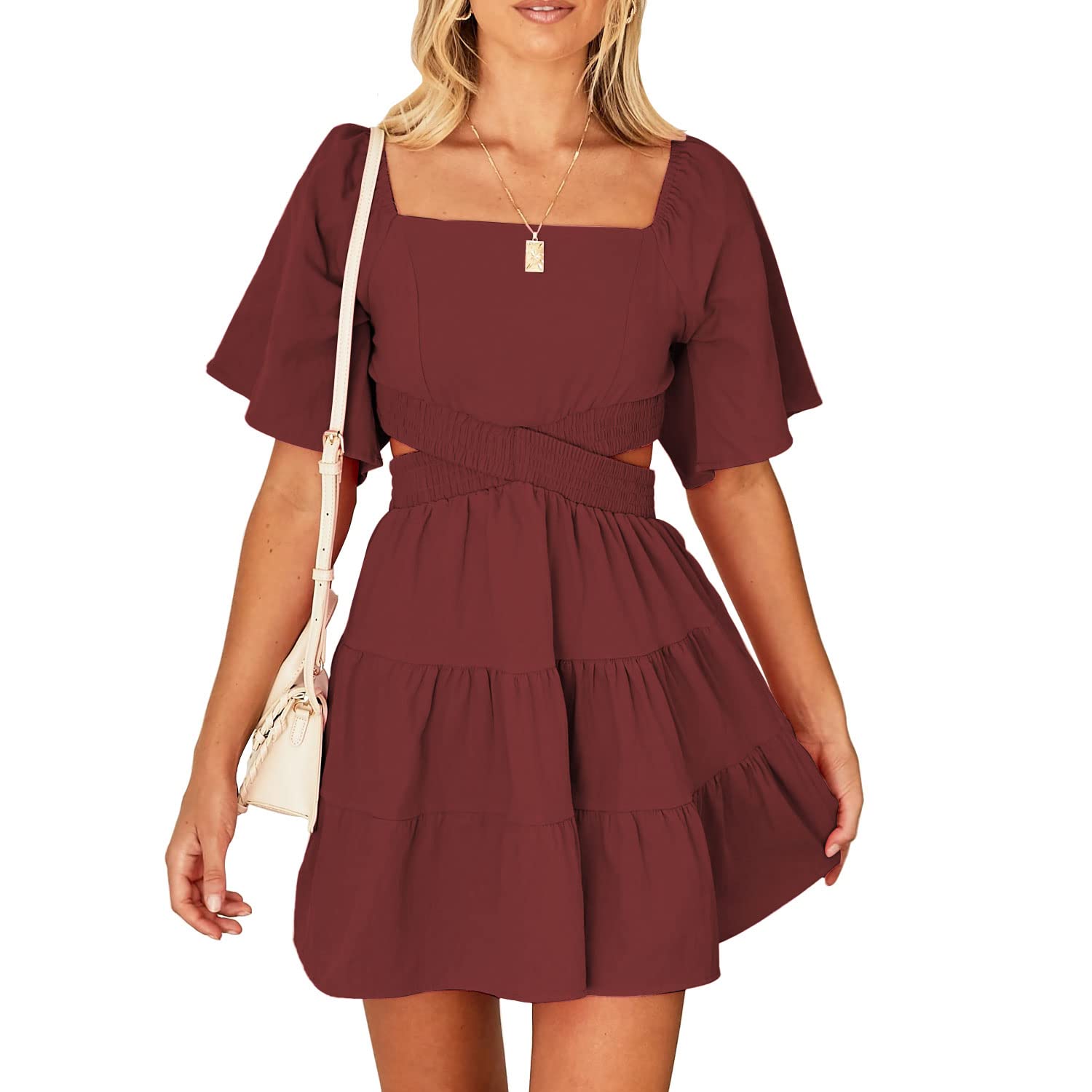 Shy Velvet Women's Summer Dress Square Neck Short Sleeves Crossover Waist Casual Party Mini Dress