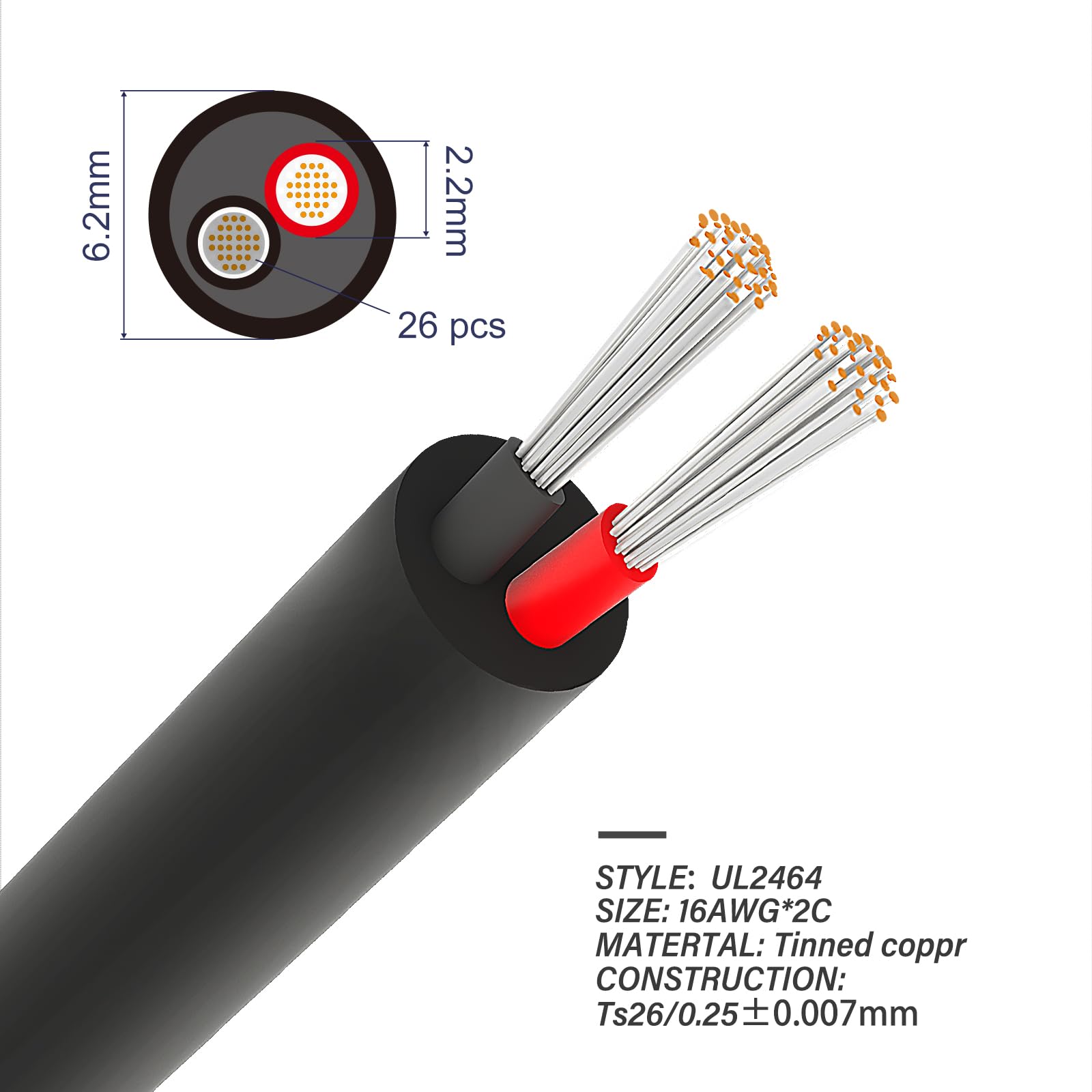 Usihom 16 Gauge Electrical Wire 2 Conductor, UL Certification, 33FT 16/2 Tinned Copper Wire Stranded PVC Cord, 16 AWG 2 Pin Flexible Low Voltage LED Cable for LED Strips Lamps Lighting Automotive