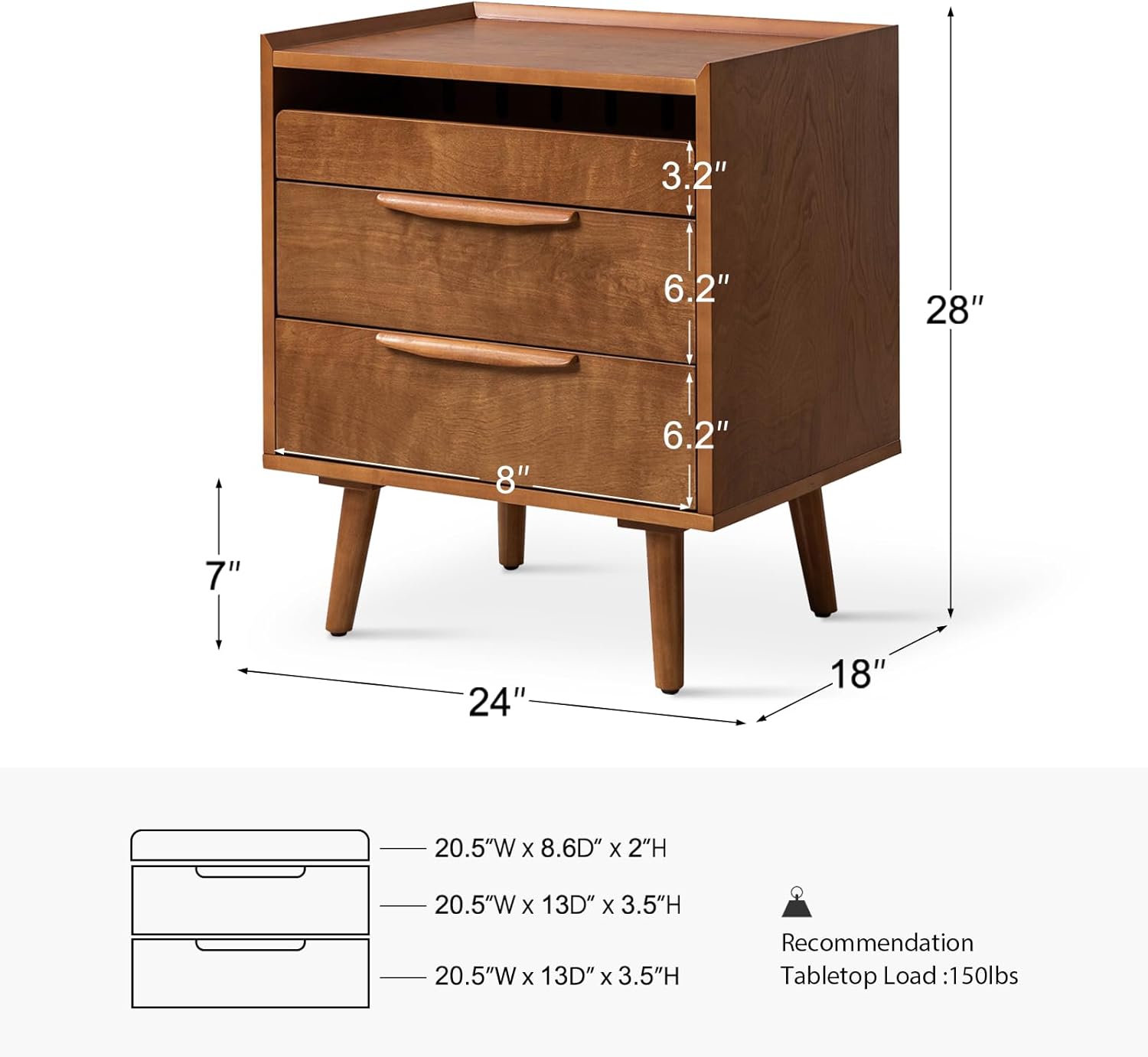 HULALA HOME Nightstand with Charging Station, Mid-Century Modern 2 Drawer and Open Shelf Bedside Tables, Wood Night Stand with USB Ports and Outlets for Bedroom, Acorn