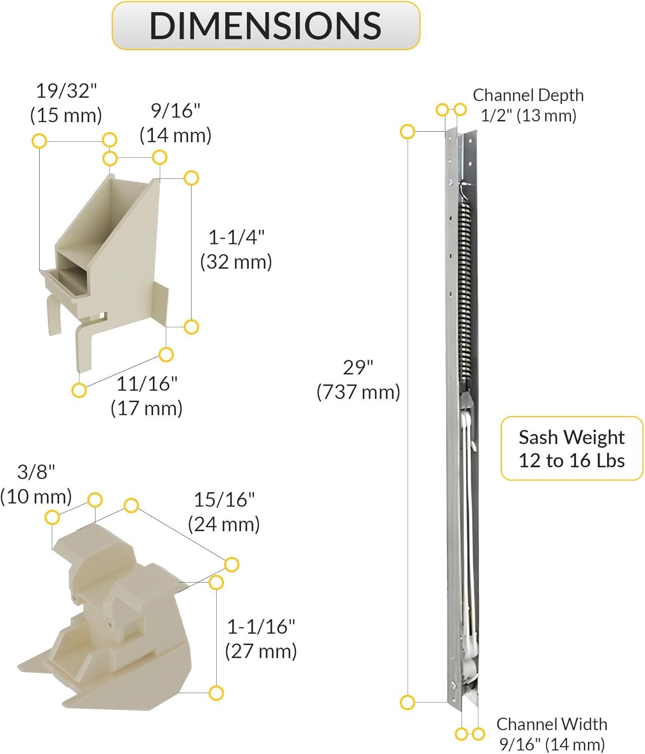 Brixwell Window Channel Balance Assembly, Aluminum Material, 29" Length, 9/16" Width, 1/2" Depth, for 12 to 16 lbs. Sash Weight, with 1-1/4" Top Guide Height and 1-1/16" Bottom Guide Height