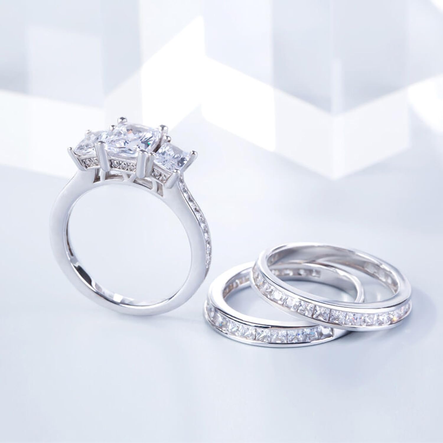 Jeulia 3PC Bridal Ring Sets for Women Three Stone Radiant Cut Engagement Rings Sterling Silver Wedding Band Interchangeable Rings Promise Anniversary with Jewelry Box - Image 6