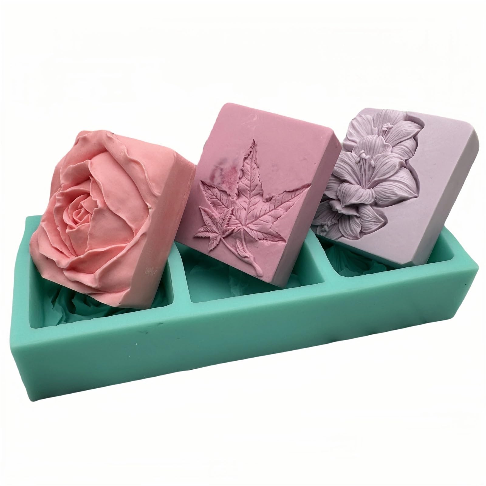 3 Cavities Silicone Flower Soap Mold,Bar Molds, Handmade Mould, DIY, Candle Wax, Gypsum Resin Craft for Making Soaps Bar(Mix)