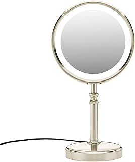 Conair Reflections Double-Sided LED Lighted Tabletop Mount Vanity Makeup Mirror, 1x/10x magnification, Satin Nickel