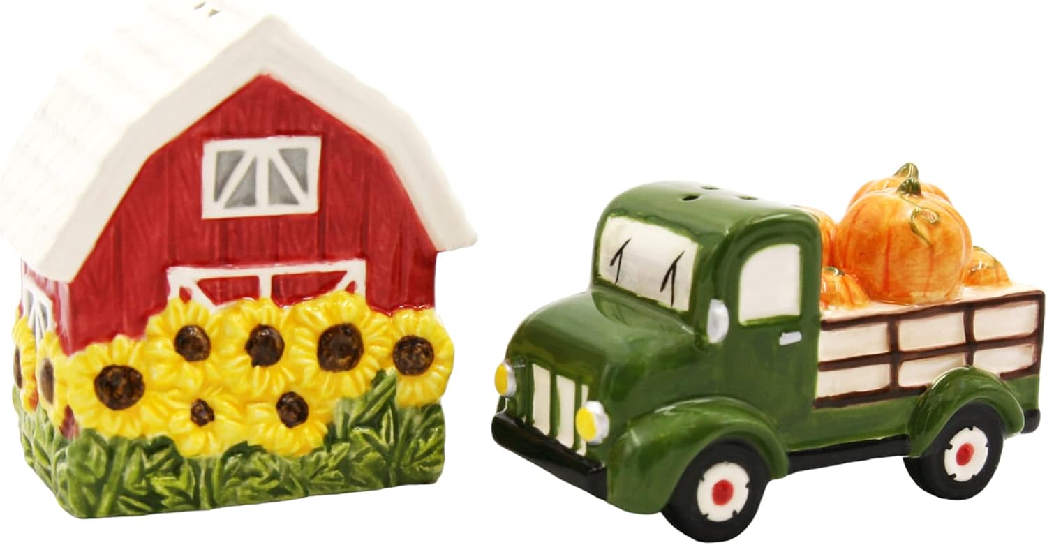 Cosmos Gifts 21034 Sunflower Barn and Pumpkin Truck Salt and Pepper Shaker