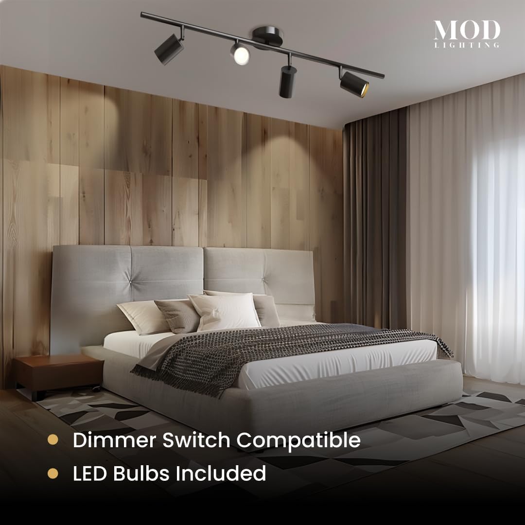 MOD LIGHTING Harris | Modern Track Lights LED, Indoor Ceiling Light Fixture for Living Room, Kitchen Island Ceiling Lighting, Solid Brass Light Fixture (Black | Warm White | 4 Lights)
