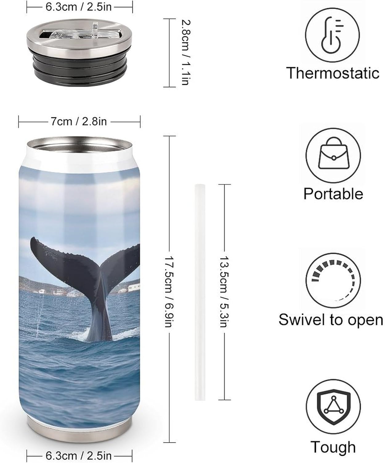 Stainless Steel Cups Whale Tail Printed Coke Cup Stainless Steel Insulated Cups with Lid And Straw