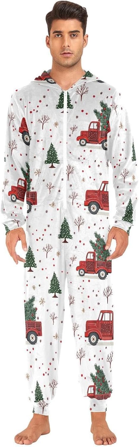 ZZKKO Christmas Truck Tree Adult Onesie Pajamas for Women Men Cozy One Piece Pajamas Costume Zip-Up Hooded S-XL