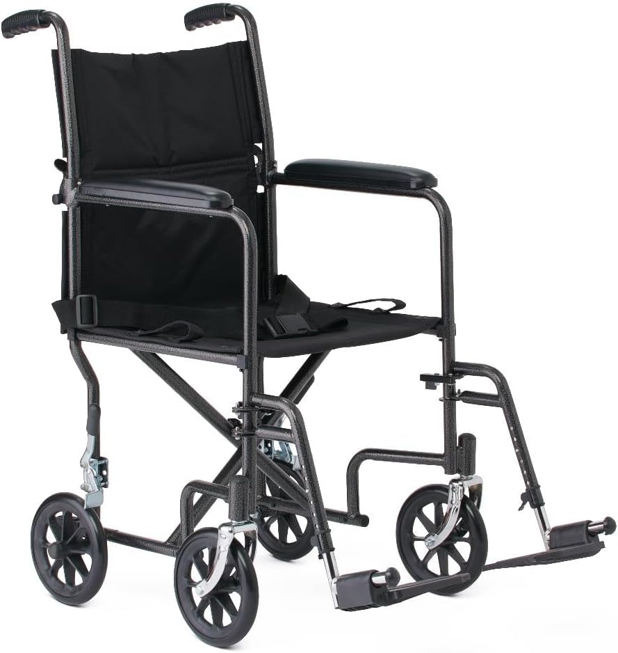 Dr Dunley Folding Transport Wheelchair with Swing-Away Footrests,19" Wide Padded Seat, Full-Length Armrests