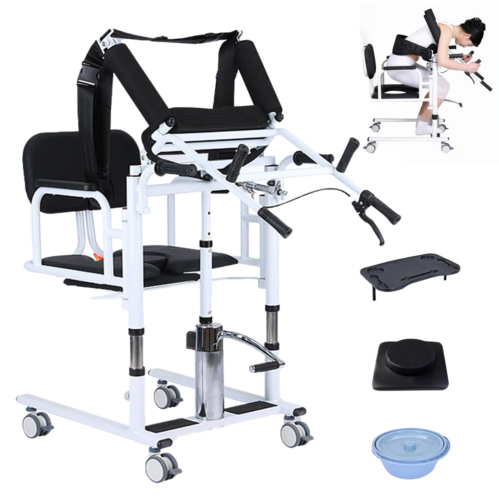 Elevador Hidráulico De Pacientes,Silla Traslado para El Hogar,Dispositivo De Asistencia para Personas Mayores,Asiento Abatible a 180°,Altura Ajustable (42-65 Cm),Capacidad De 200 Kg Black