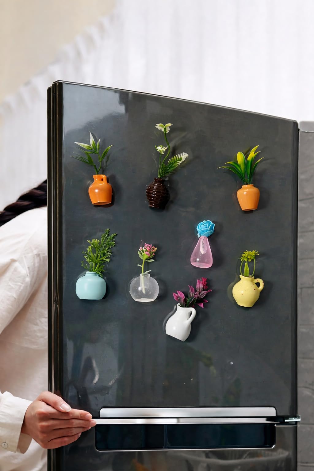(Artificial Flower Included) Premium Mini Fridge Magnet Flower Vase Set of 8 | Magnetic Planters for Stylish Kitchen Home & Office Decor| Mini Fridge Magnets for Kitchen Aesthetic Gift Set-Multicolor-image-31