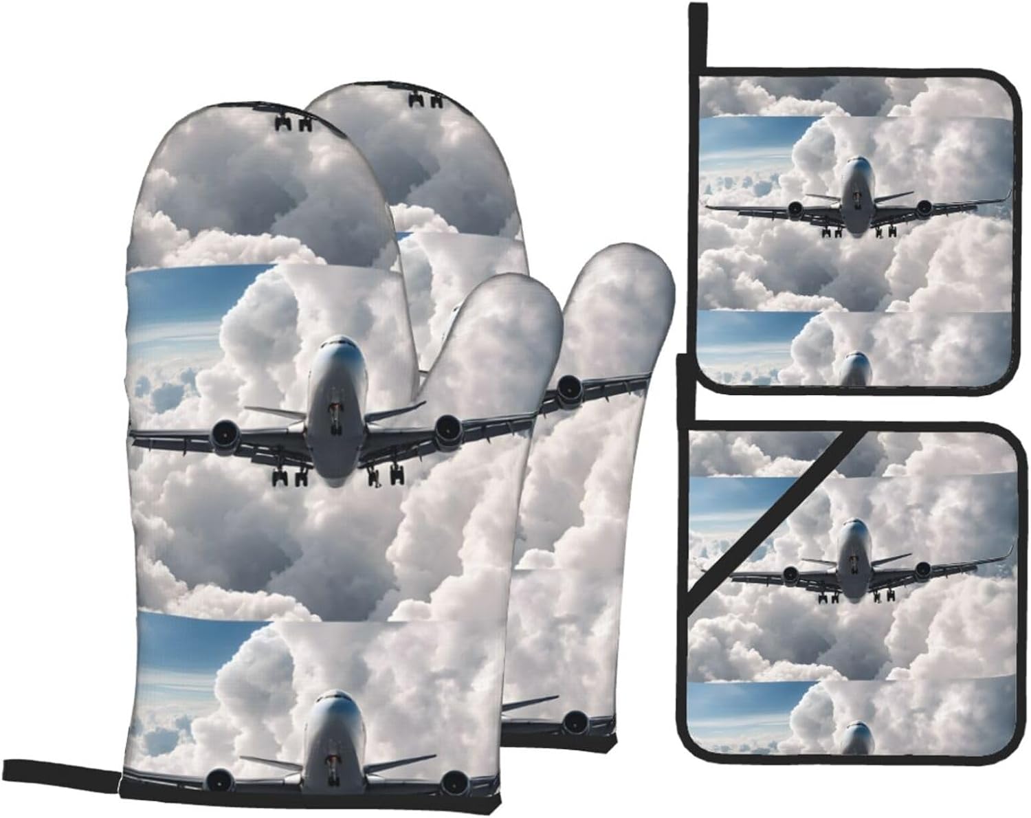 (Airplane Art) Baking 4-Piece Set: 2 Oven Mitts and 2 Pot Holders Heat Resistant Waterproof Hanging Loop for Kitchen Oven Grill Housewarming Gifts