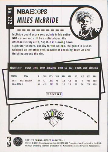Miniatura 2 de 2021-22 NBA Hoops #232 Miles McBride RC Rookie New York Knicks Official Panini Basketball Card (Stock Photo Shown, card is straight from Pack and