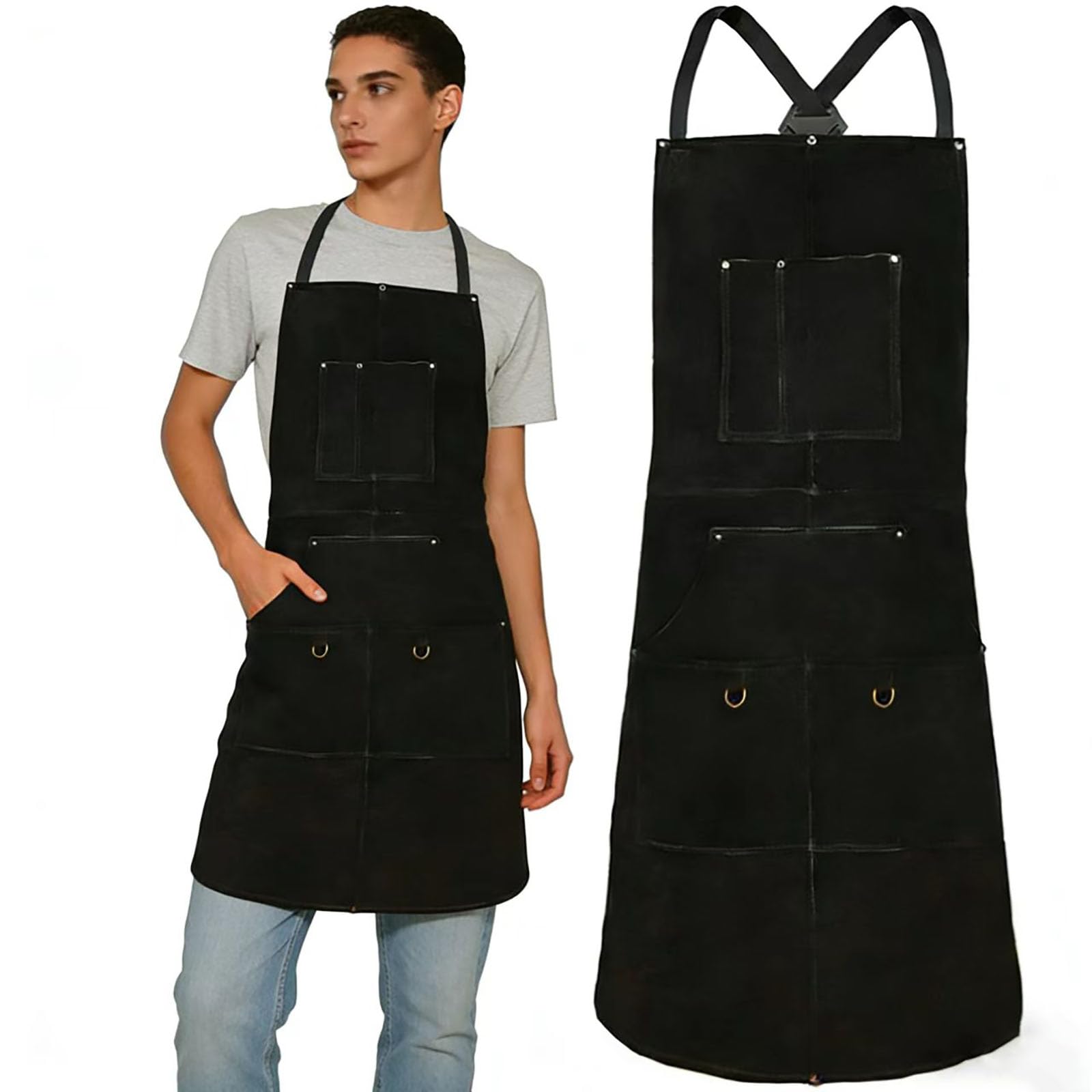 Grembiule da Saldatura Lungo 98cm - Pelle Scamosciata Doppia Faccia con 6 Tasche per Attrezzi, Resistente al Calore per Officina, Fucina, Giardino & Grigliata - Uomini & Donne