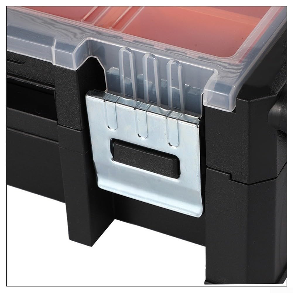 Cassetta portautensili portatile con manico in alluminio e fibbia magnetica per riporre più scomparti di viti parti strumenti in custodia in plastica PP nero dimensioni 46x24x14.5cm