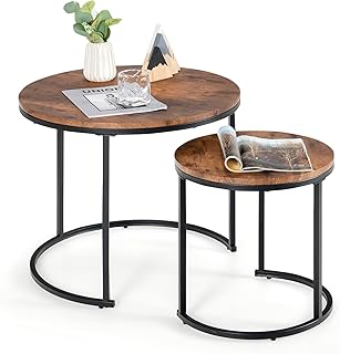 CASART Set of 2 Nesting Tables, Stacking Sofa Side Tables, Wooden Top & Steel Frame, Space Saving Coffee Tea Table for Living Room Bedroom Office(Rustic Brown+Black, Round)