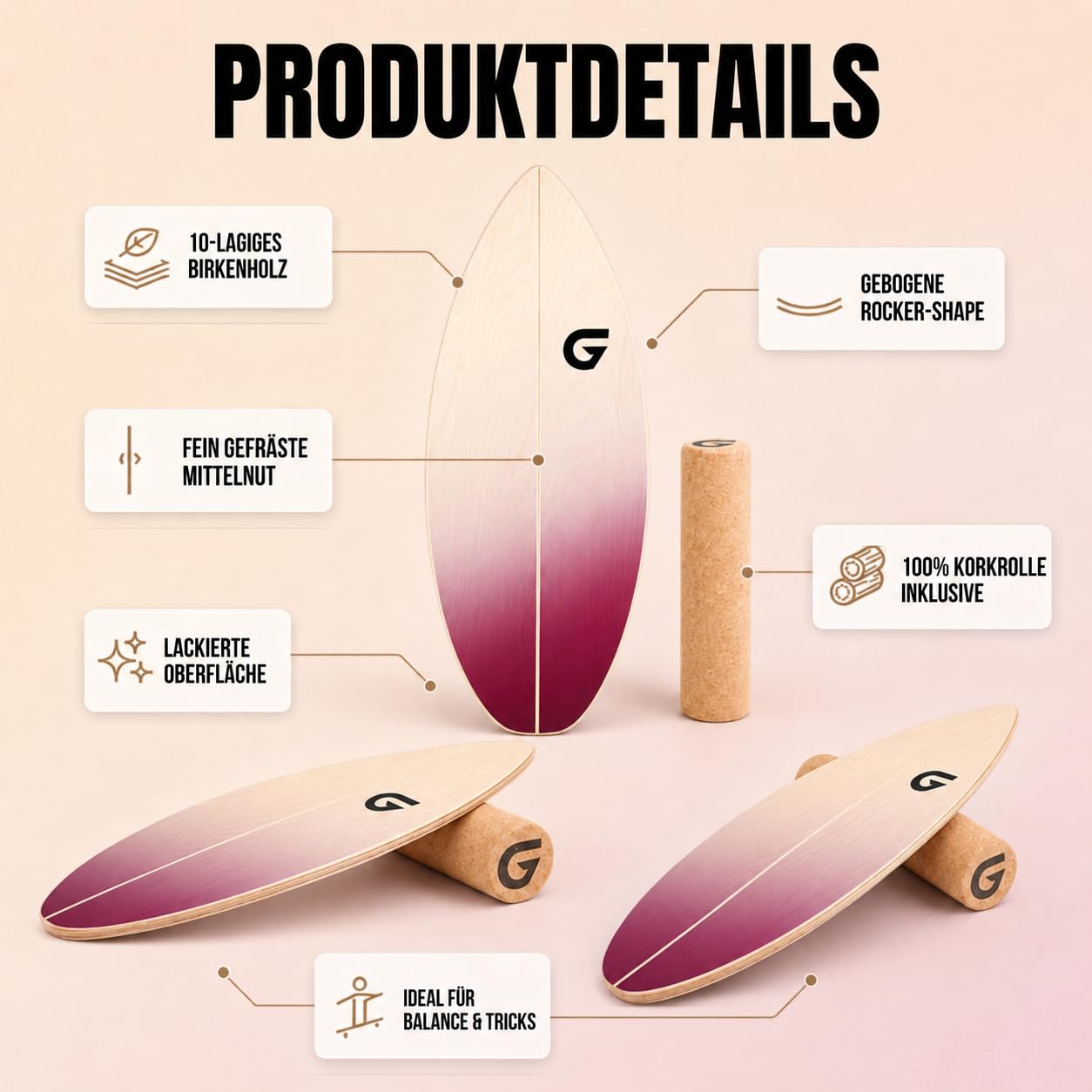 Glory Boards® Balance Board – Handmade - 100% Birkenholz - Inklusive Korkrolle - Optimal für Gleichgewichts- & Krafttraining, Für Einsteiger & Fortgeschrittene, Indoor & Outdoor