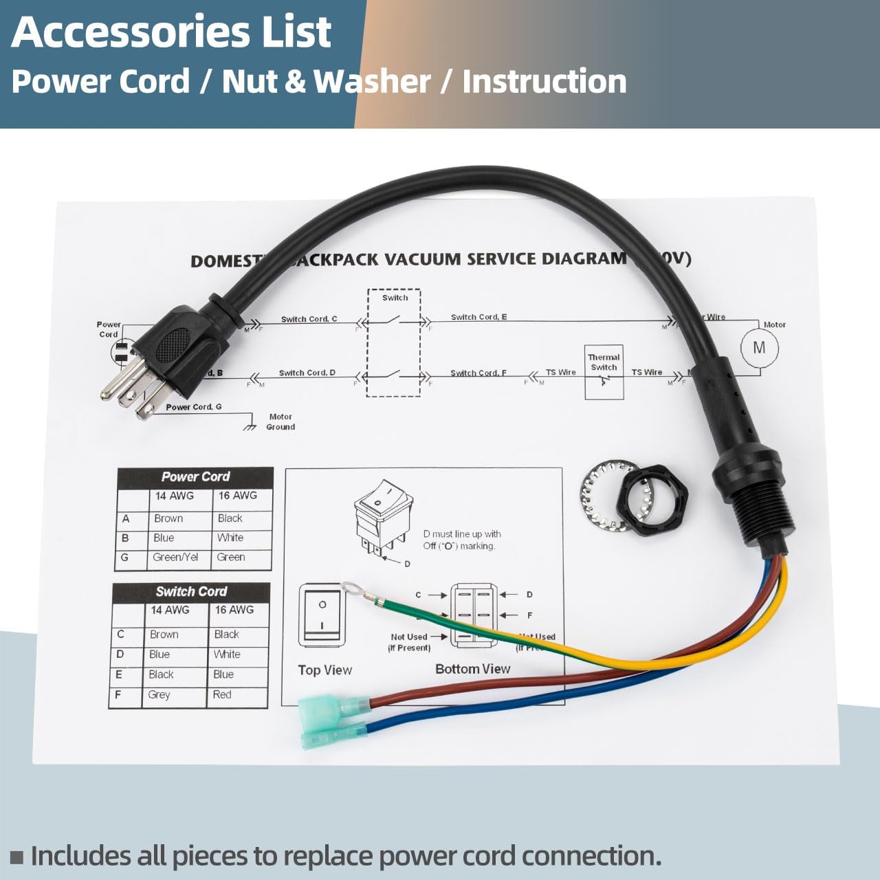 100641 Power Cord Replacement Parts Compatible wtih Pro Team Backpack Vacuum Pigtail Assembly for Supercoach, CoachVac, MegaVac, Super QuarterVac HEPA, QuietPro BP, ProVac, Aviation Vac, Linevacer