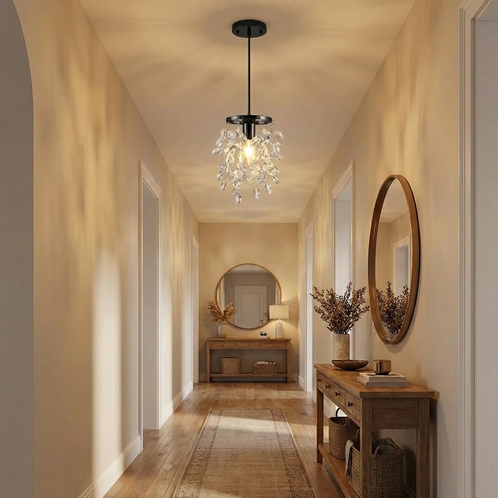 Small Crystal Chandelier, Wind Chime Pendant Light, Black Hanging Light with K9 Crystal Strings, Farmhouse Chandelier Light Fixture for Dining Room, Bedroom, Hallway, E26/E27 Base