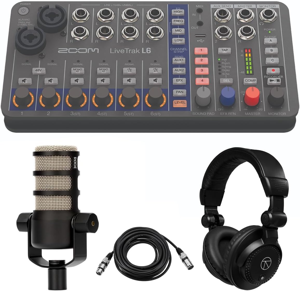 Zoom LiveTrak L6 10-Track Compact and Portable Digital Mixer/Recorder, Bundle with PodMic Microphone, TAPH100 Monitor Headphones, 25' Microphone Cable