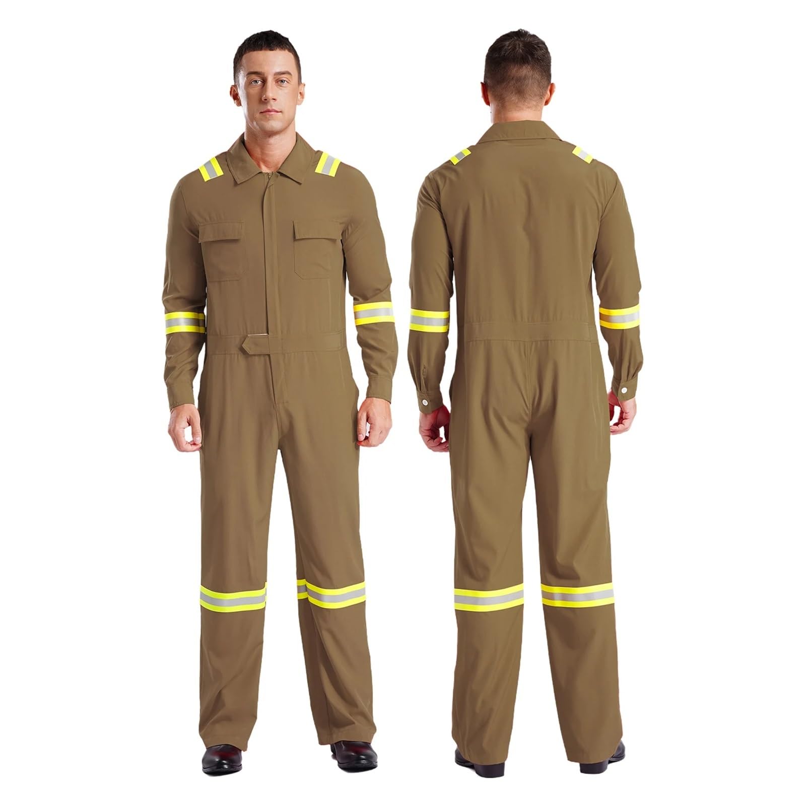 Tuta Da Lavoro Uomo Tute da uomo ad alta visibilità, strisce riflettenti, tute con collo rovesciato, tute con cerniera, uniformi da meccanico(Khaki,L)