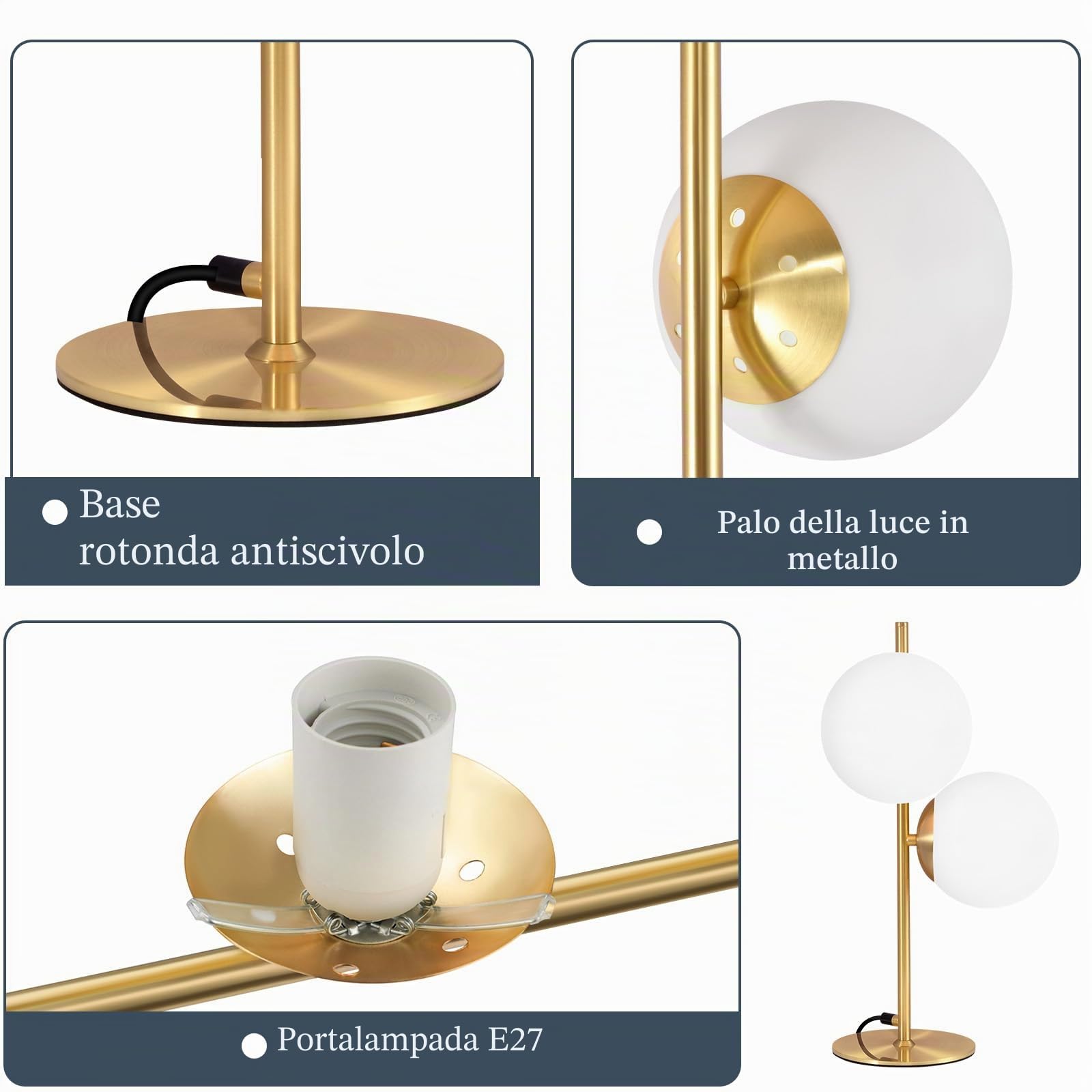 ZMH Lampada da tavolo per soggiorno, moderna, industriale, oro, 2 fiamme, con interruttore, design in metallo, vetro, lampada da comodino, in ottone, E27, per