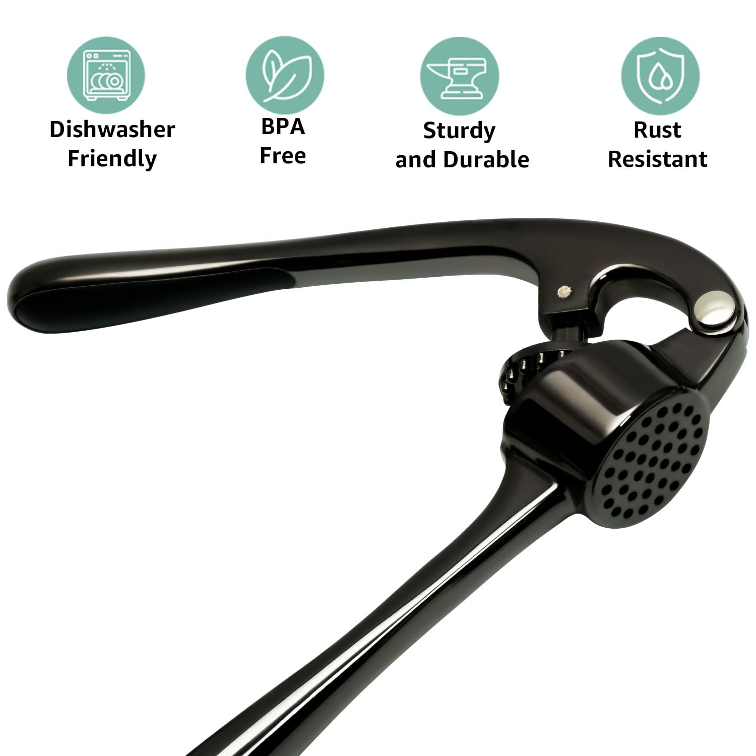 Prensa de ajos, herramienta para picar ajos, apta para lavavajillas y a prueba de óxido, fácil de apretar, fácil de limpiar, mango ergonómico, pelador de ajo y cepillo de silicona (negro)