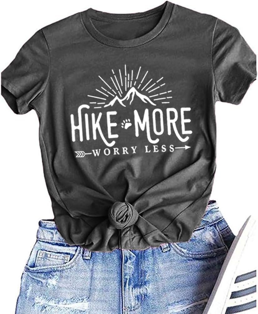 Hiking Shirt for Women Adventure Mountain Graphic Athletic Shirts Funny Hike More Worry Less Tee Tops