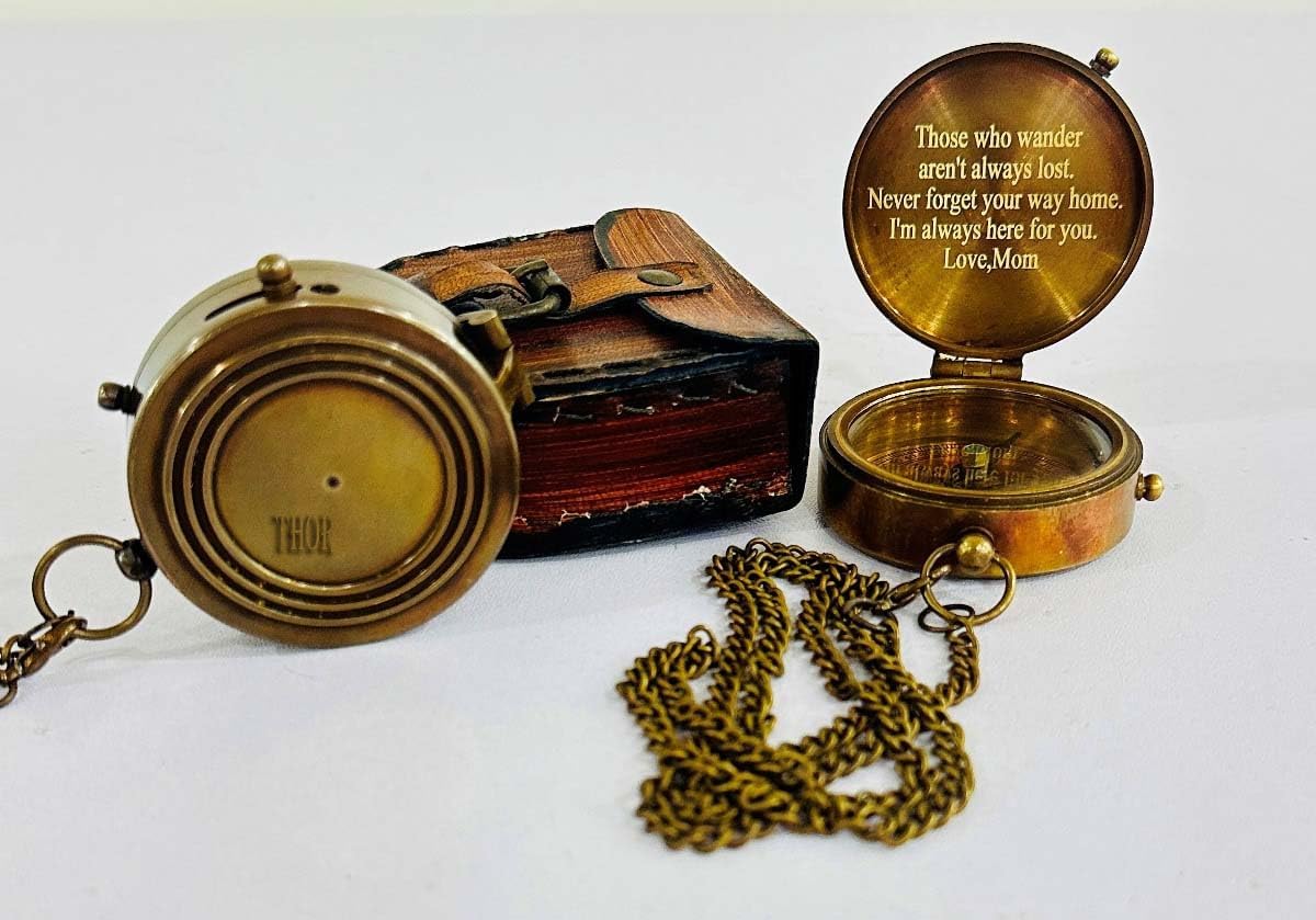 Antique Brass Pocket Compass Vintage Nautical Gift with Famous Quote Engraved Baptism Gifts with Leather Case for Loved Ones, Son, Love, Partner