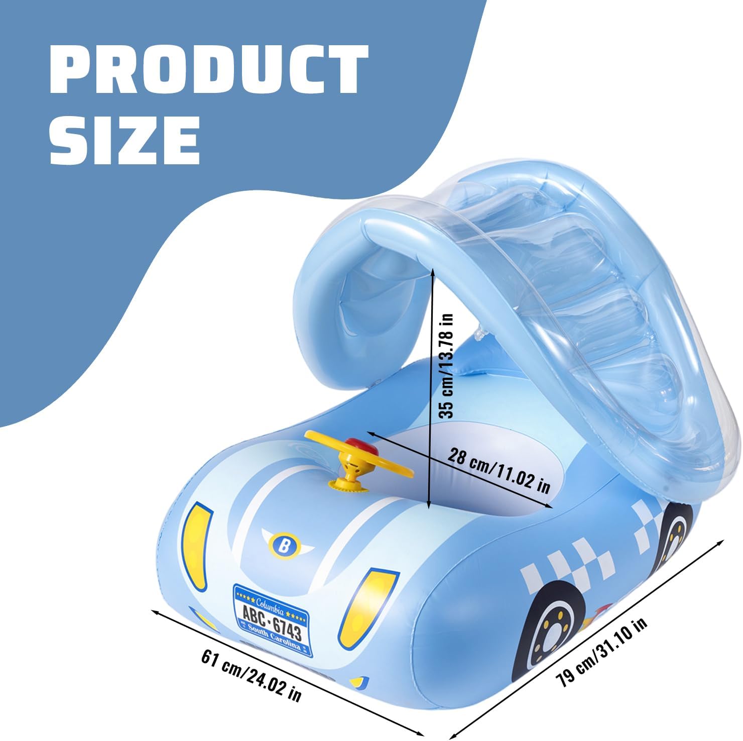 Baby Float with Canopy, Inflatable Car Shape Toddler Pool Float with Seat & Steering Wheel for Girls, Boys 1-6 Years Baby Pool