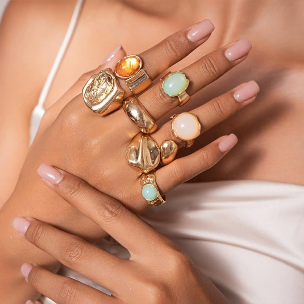 7Pcs Gold Chunky Crystal Dome Y2k Rings Set for Women Dainty Resin Huggie Hammered Silver Open Knuckle Ring Non Tarnish Stackable Statement Jewelry