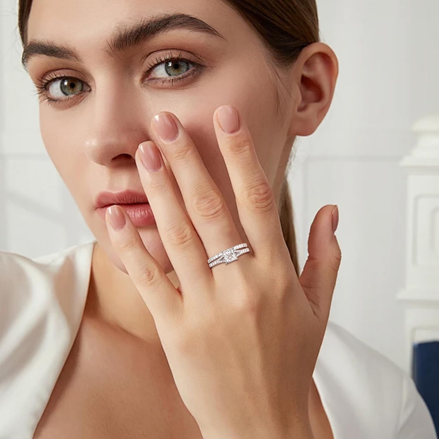 1-1/2 Carats Princess-Cut Moissanite Wedding Ring Set Bridal Sets GRA Certified, S925 Split Shank Engagement Ring Sets for Women Platinum Plated Silver Jewelry Gift for Anniversary Wedding Birthday