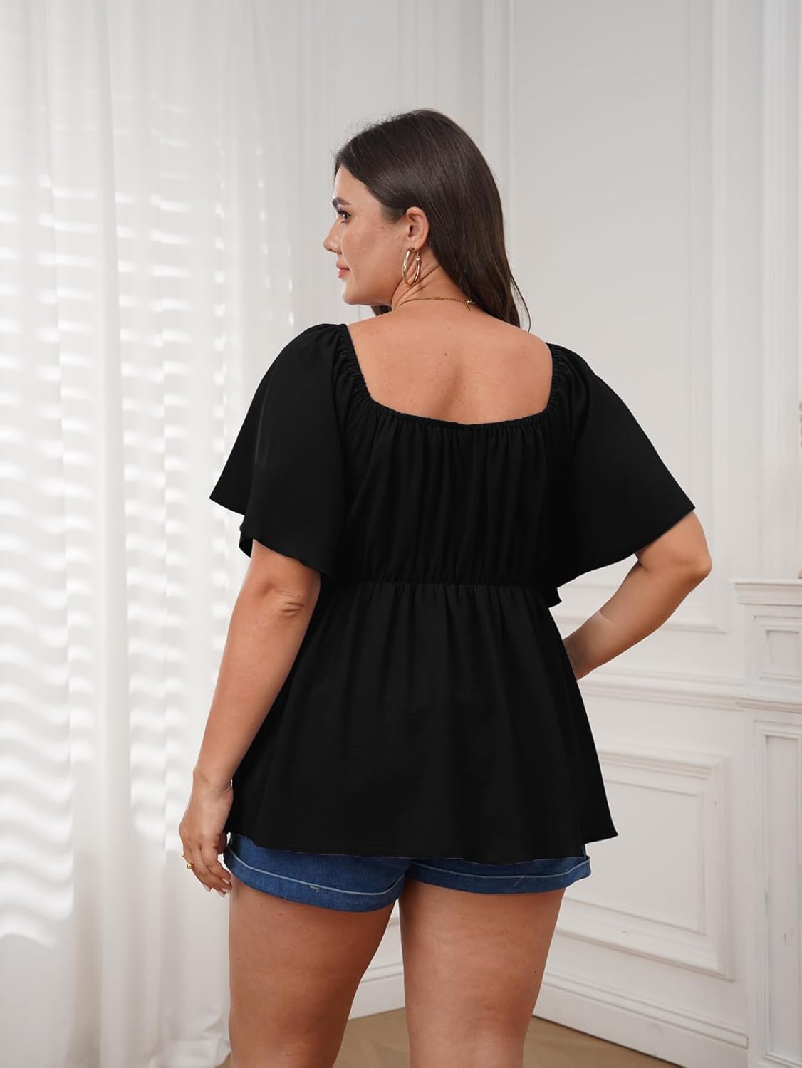 SCOMCHIC Plus Size Peplum Tops for Women Square Neck Blouses Ruffle Short Sleeve Ruched Front Summer Casual Babydoll Top - Image 6