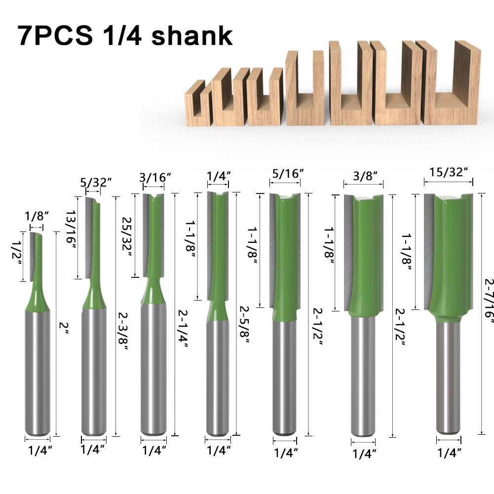 COOHLYEE 1/4" Shank Straight Cut Router Bits Set - 7 Pcs Double Flute Straight Router Bit Set for Woodworking and Cutting Diameter Trimming Cutter - - 