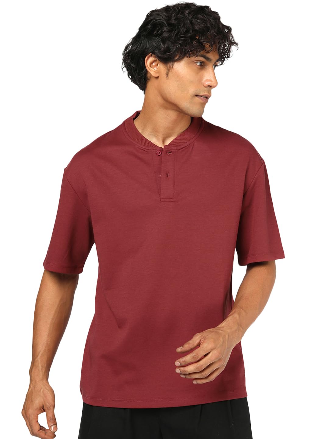 bewakoof Men's Solid Oversized Fit Half Sleeve Pure Cotton Henley Neck T-Shirt-picture-26