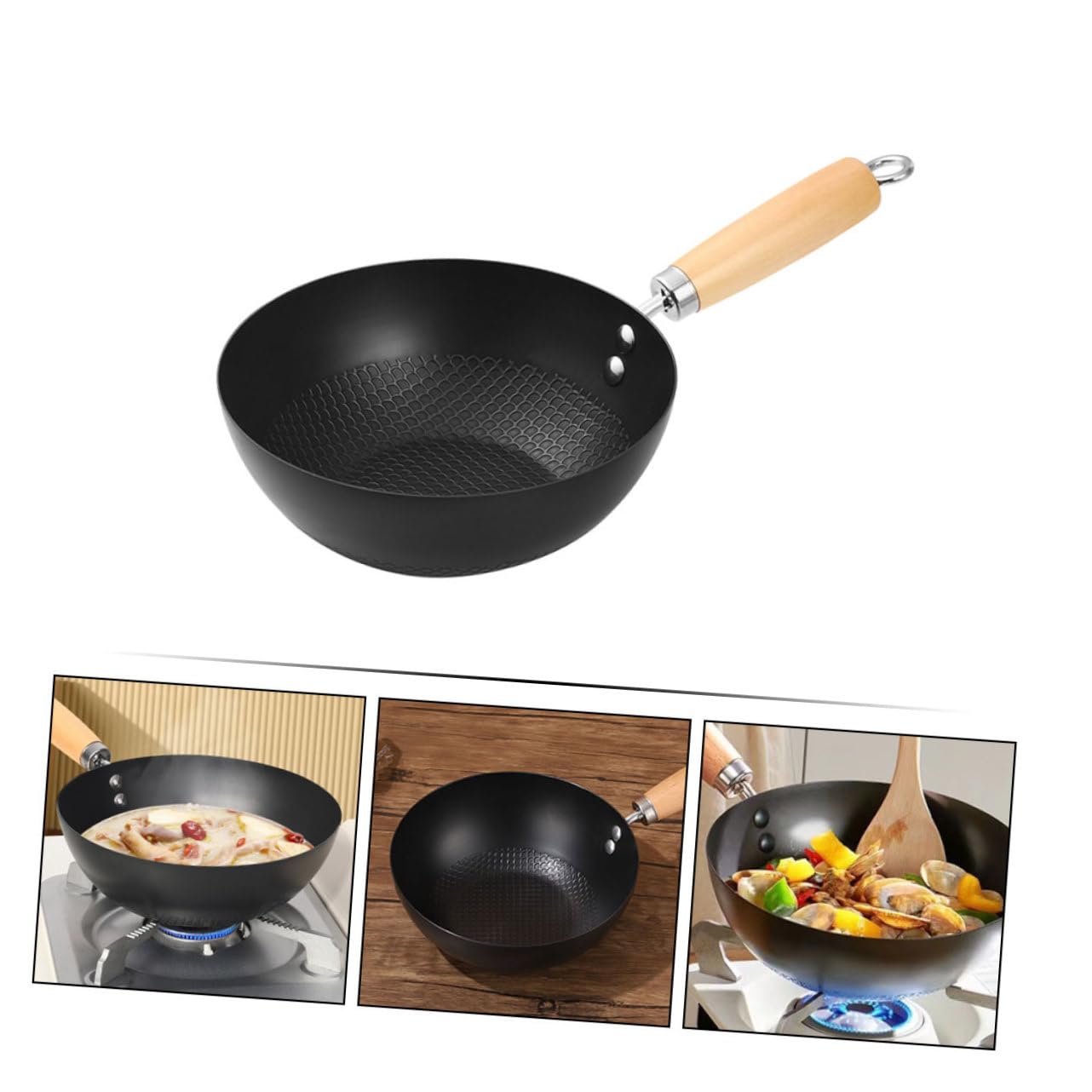 Antihaftbeschichtete Bratpfanne, Wok-Pfanne, Grillpfanne mit Griff, für Küche und Camping, Schwarz (36 x 20 x 7,50 cm)